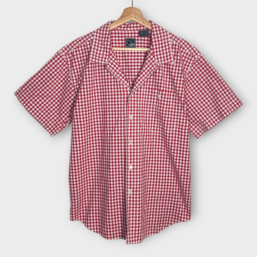 Lizwear Button Up Shirt Mens LARGE Short Sleeve Red Check 100% Cotton